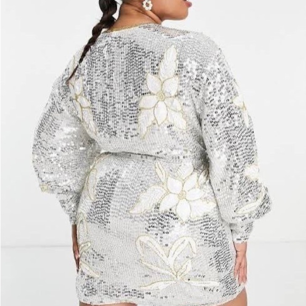 ASOS EDITION floral sequin wrap mini dress in white and silver size 12 - Picture 5 of 10